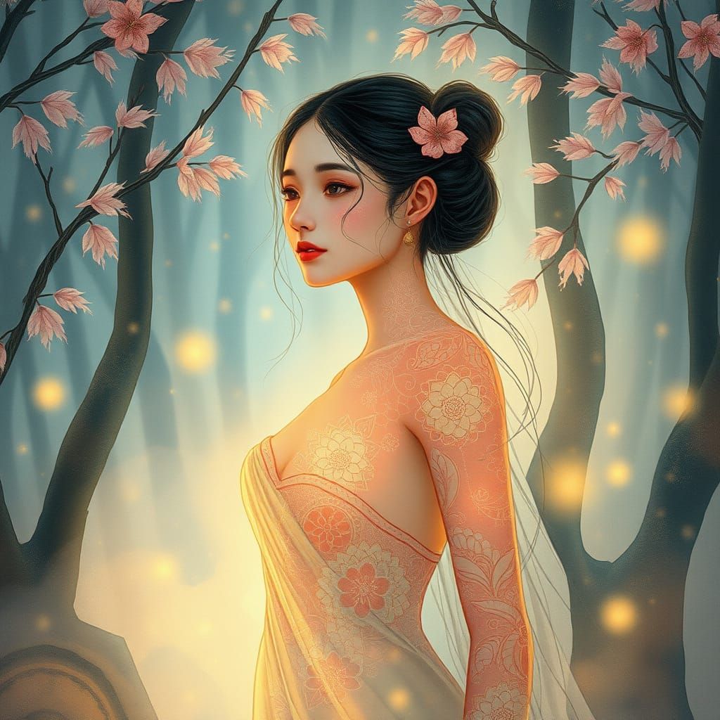 Dreamlike Goddess in Whimsical Forest, Inspired by Ori's Art