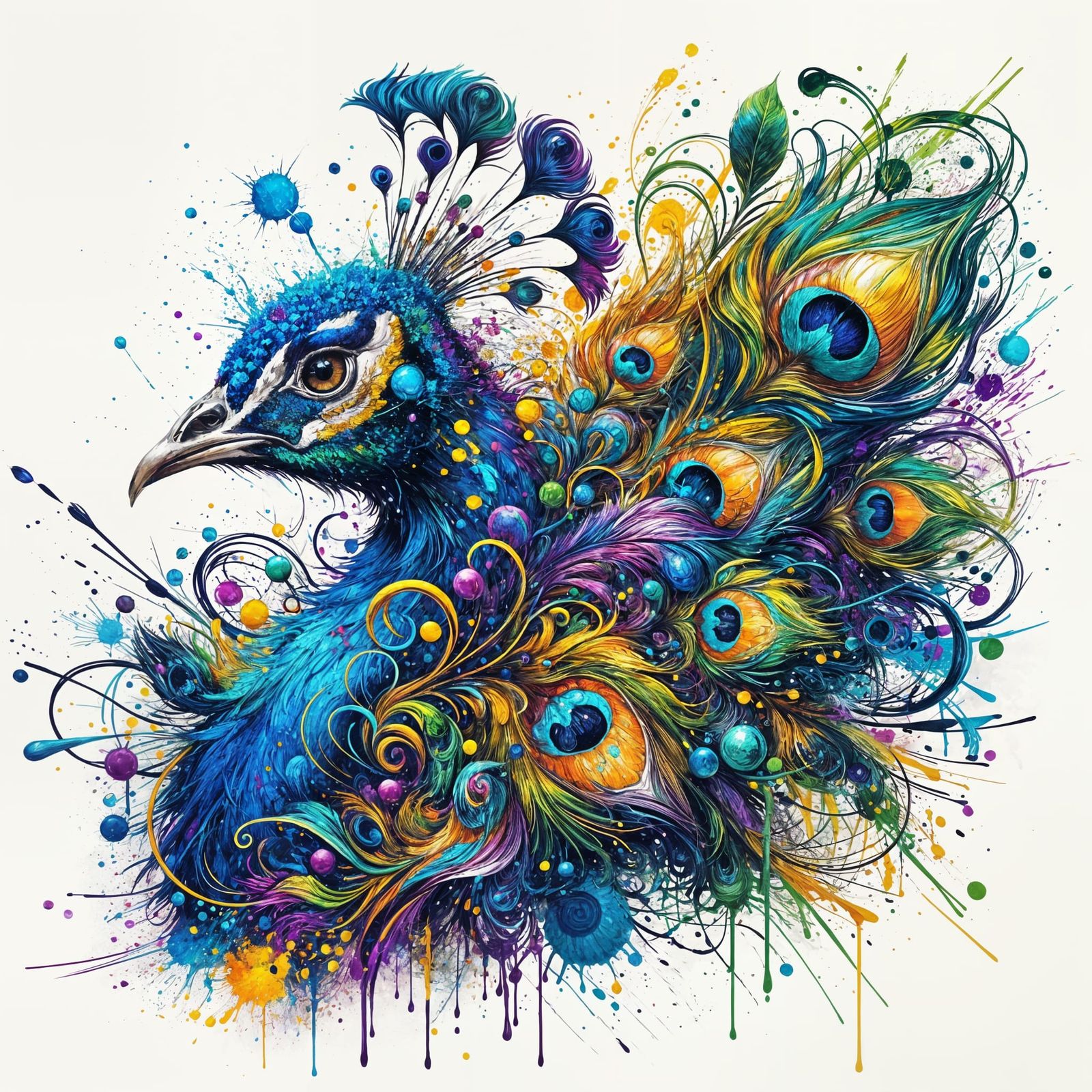 Vibrant Ink Splash Art of a Majestic Peacock