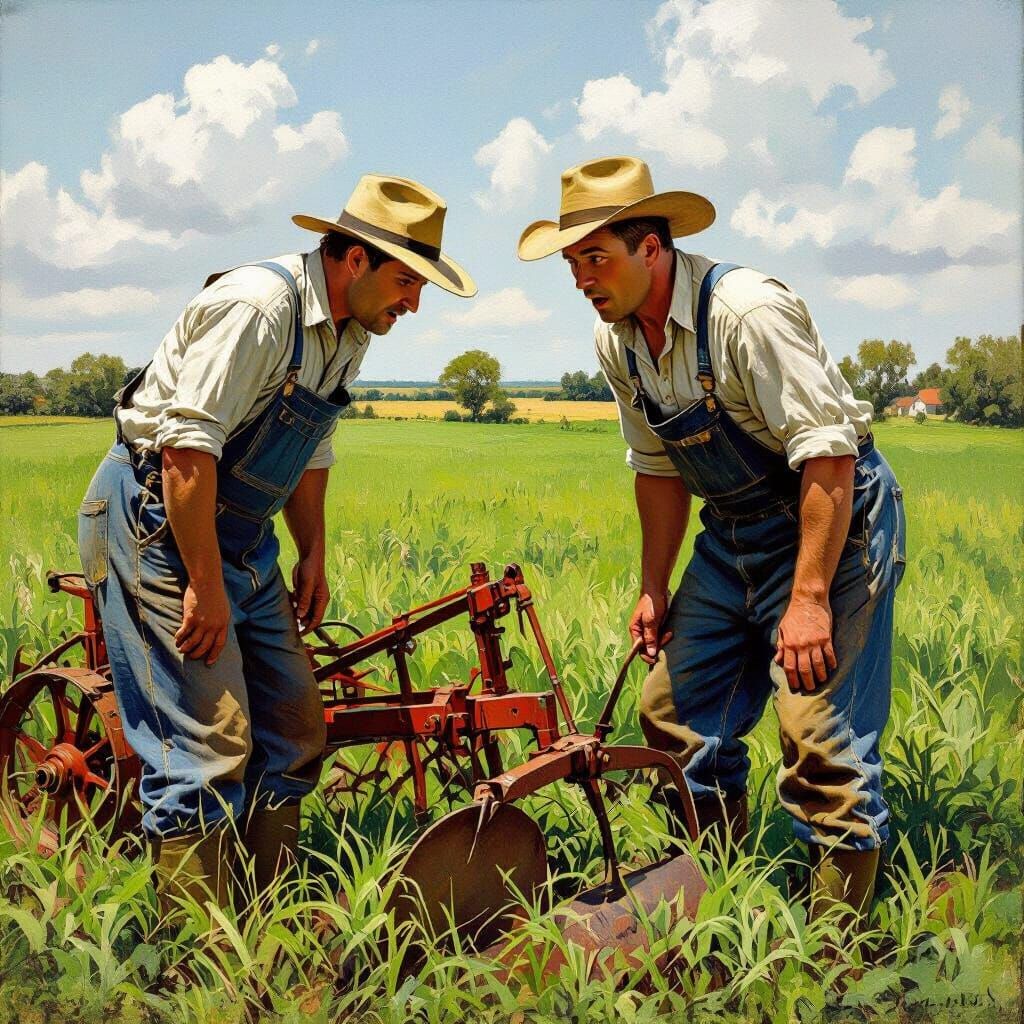 Surprised Farmer with Stuck Plough in Field
