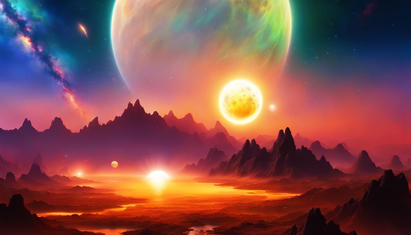 Psychedelic Alien World with Two Suns and Three Moons