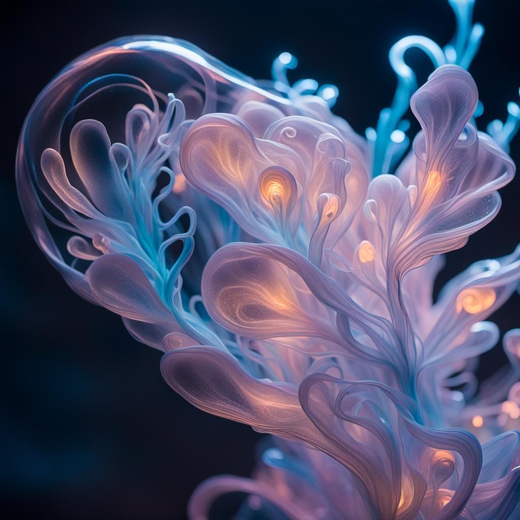 Bioluminescent Glass Sculpture in a Neon-Lit Mist