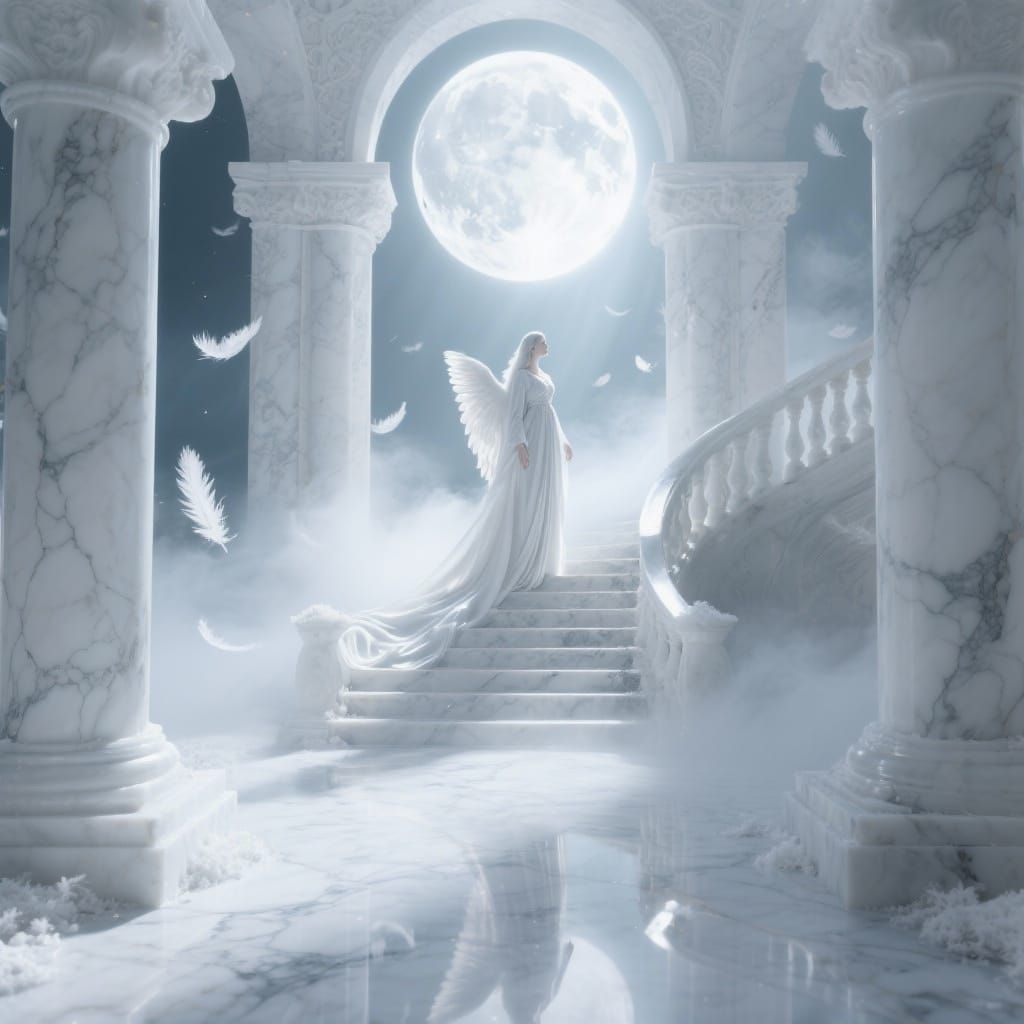 White Marble Temple Under Full Moon with Angelic Figure