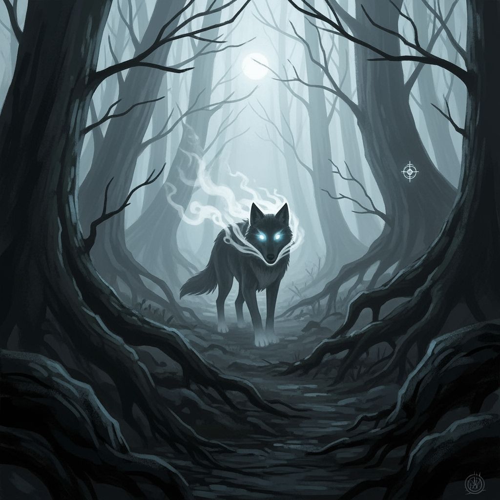 Spectral Wolf Guides Travelers Through Misty Forest