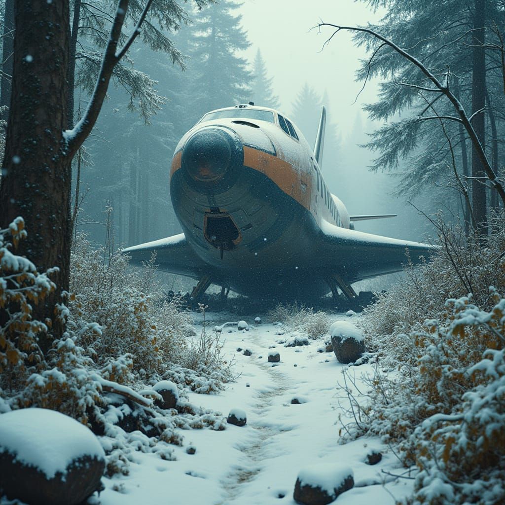 Dystopian Space Shuttle Wreck in Overgrown Jungle