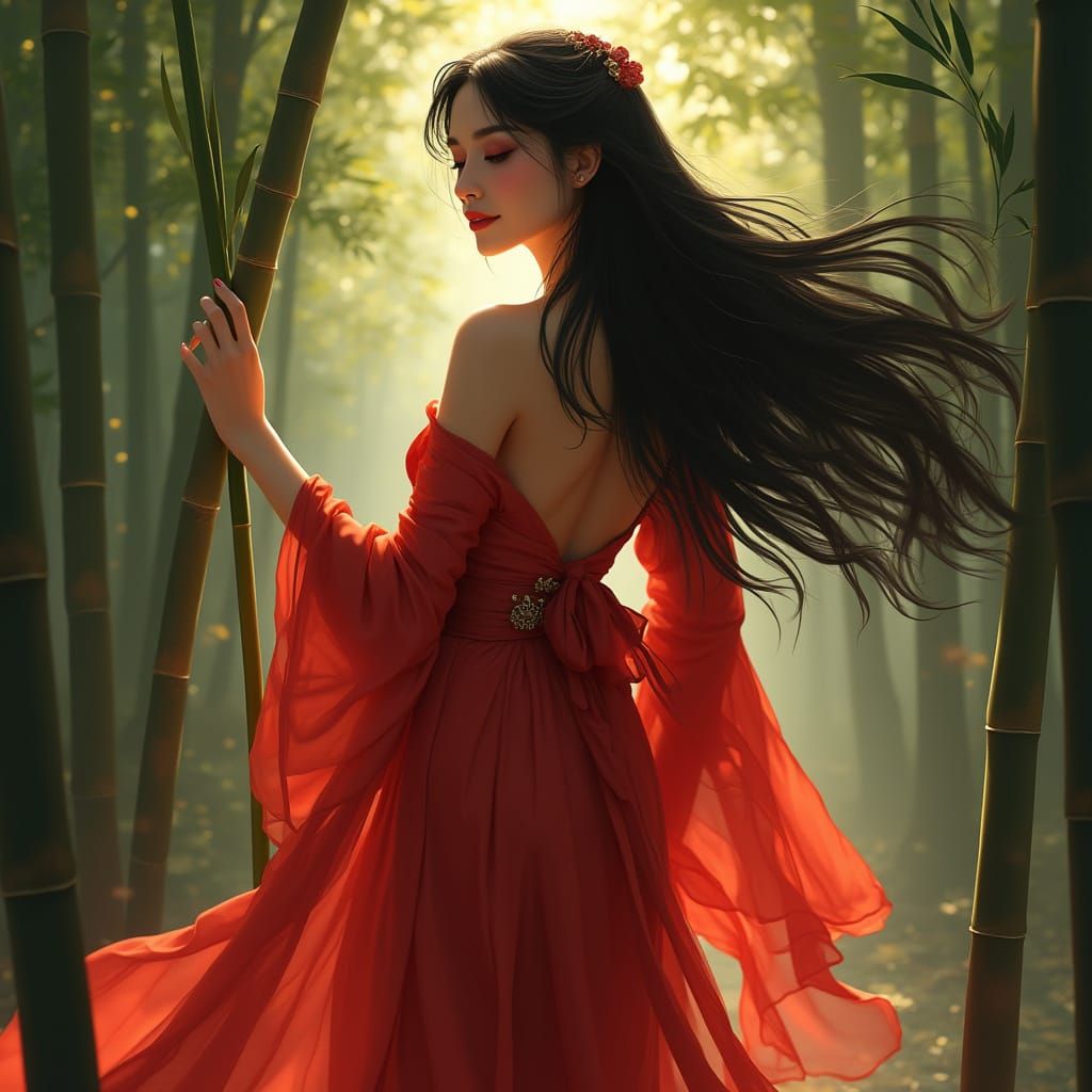 Japanese Woman in Bamboo Forest, Art Deco Nouveau