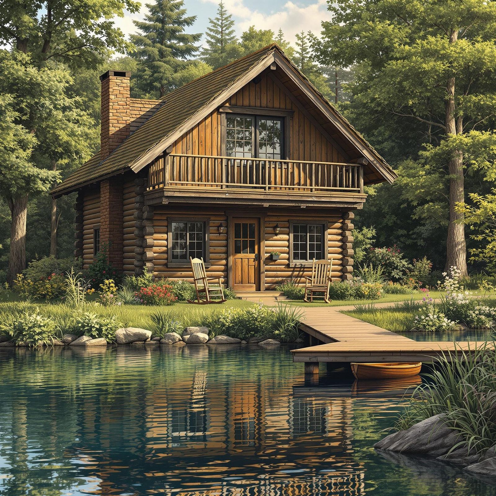 Lakeside Log Cabin in Golden Light