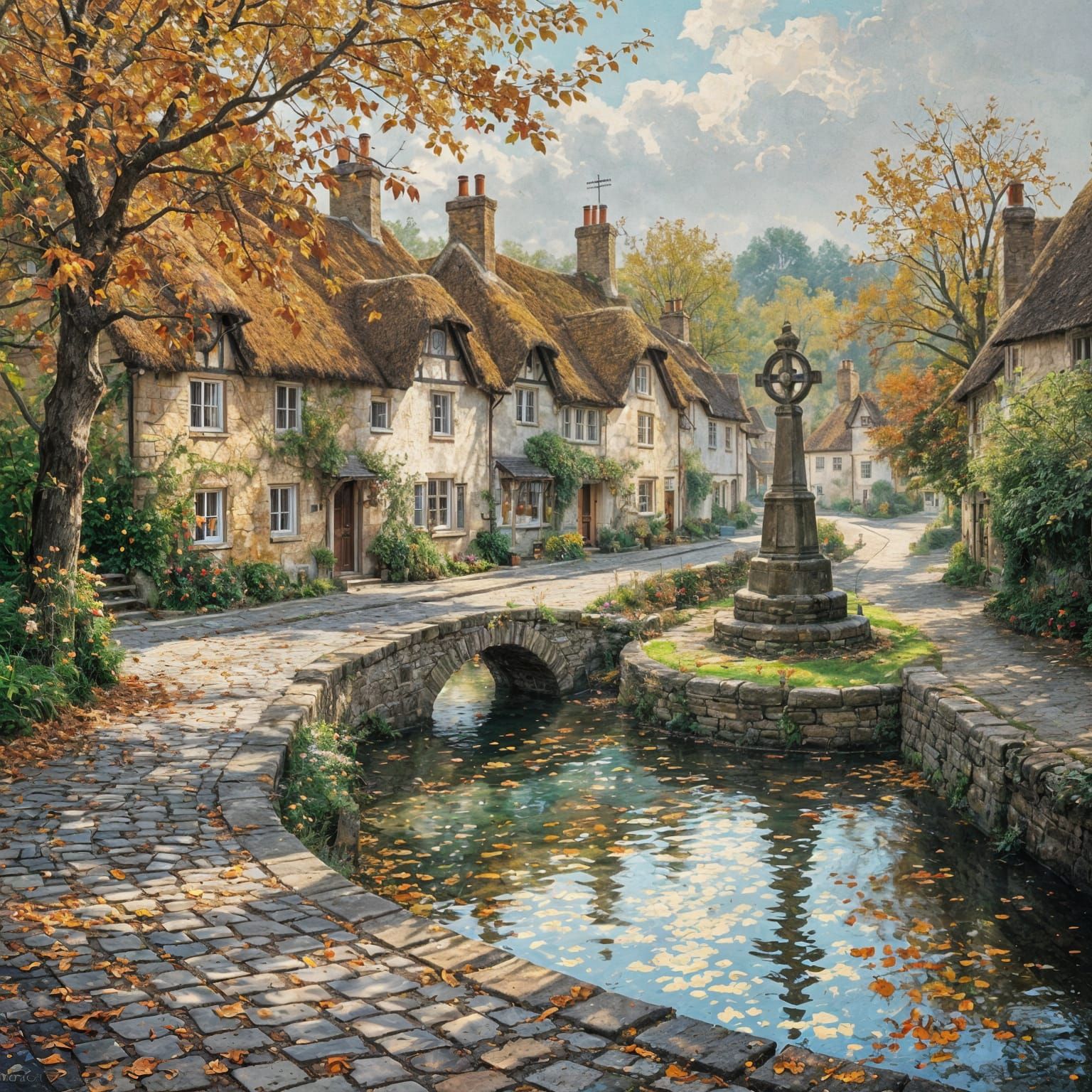 Autumn Fantasy Cotswold Village with Market Cross and Ford