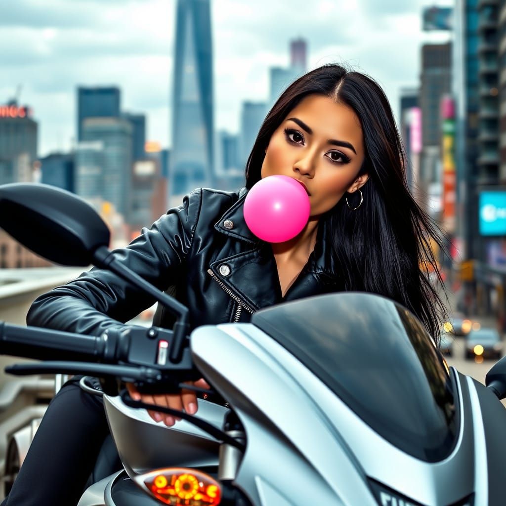 Sleek City Girl on Motorbike, Chewing Pink Bubble Gum