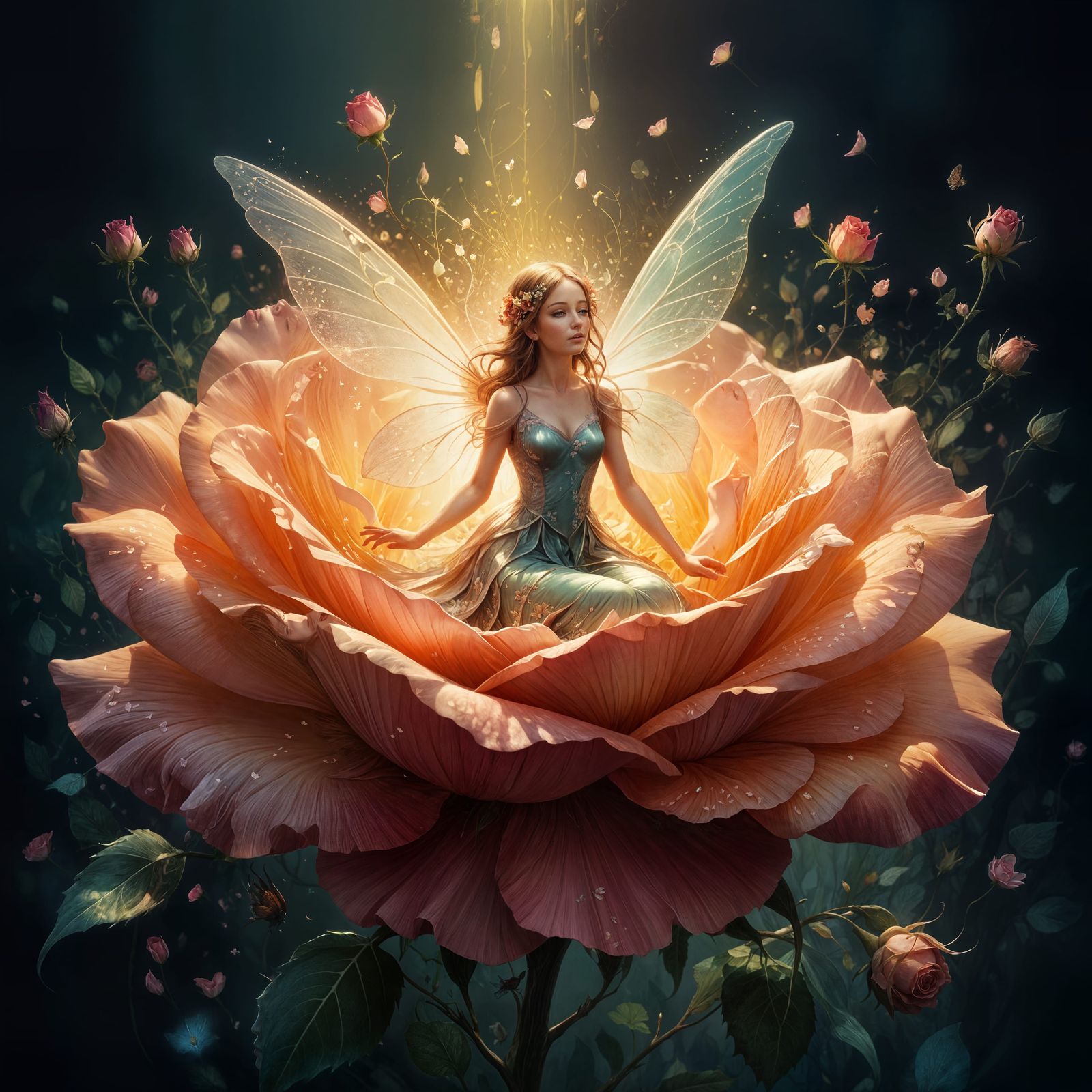 Delicate Fairy Emerges Among Rose Petals in Whimsical Fantas...
