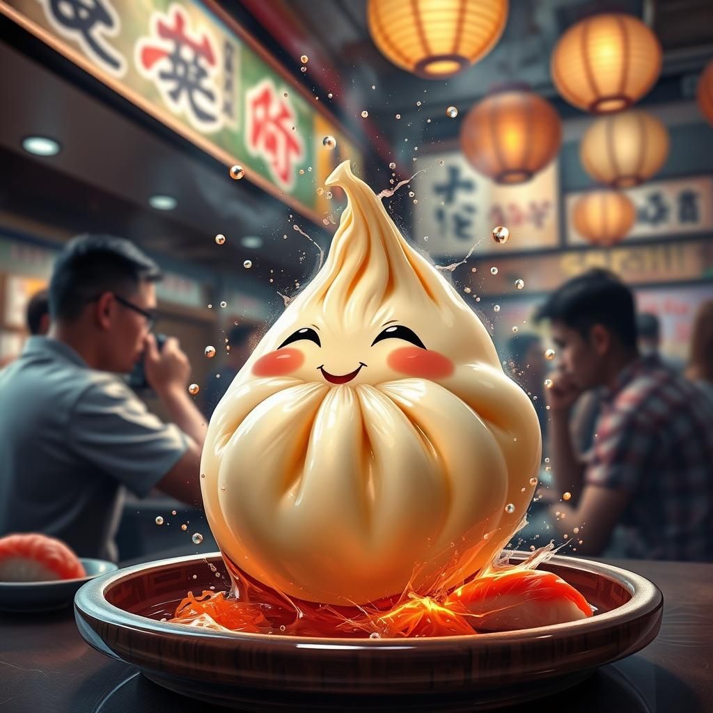 Living Dumpling at Sushi Restaurant: Hyperrealistic Splash A...