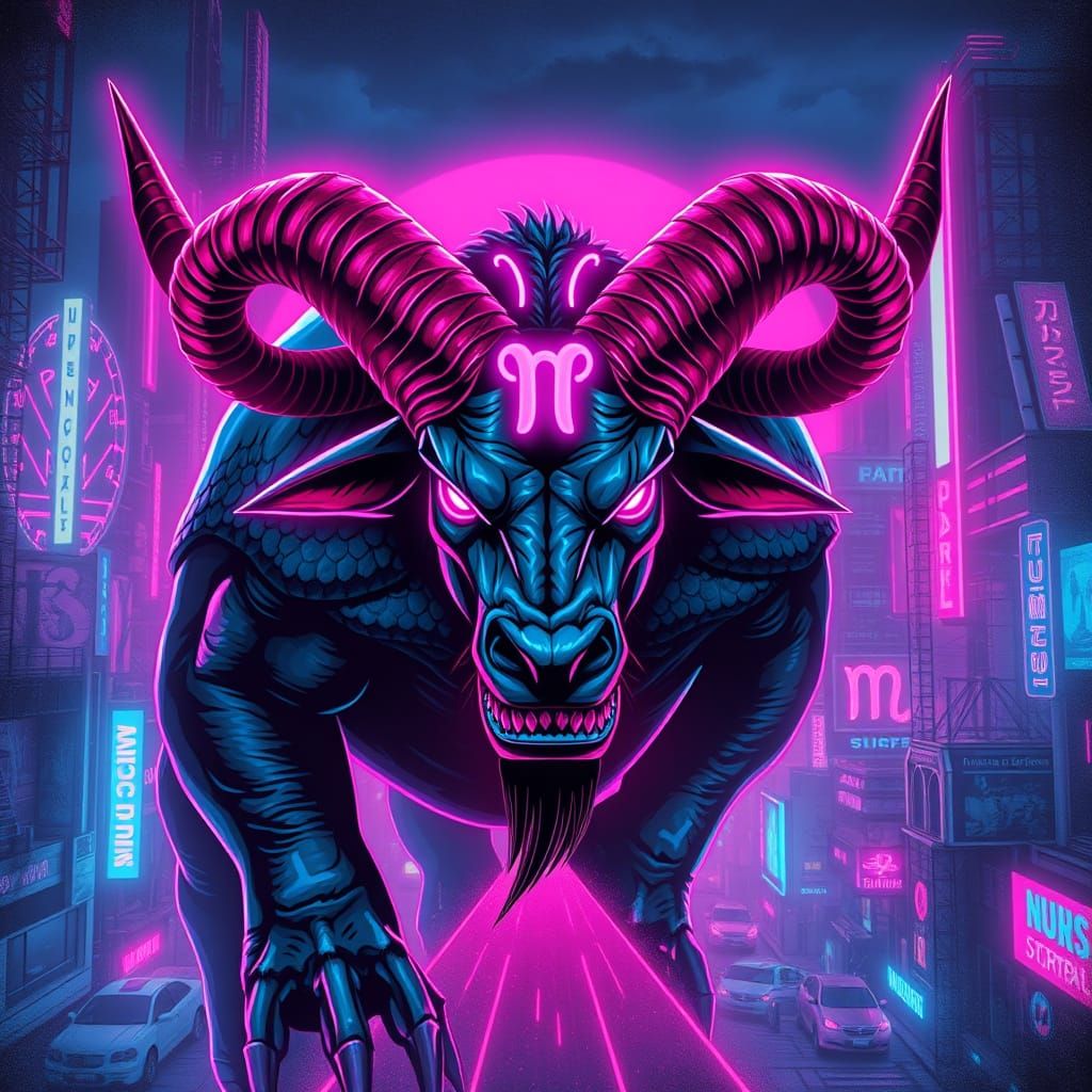 Cyberpunk Taurus Monster in Retro-Futuristic Cityscape