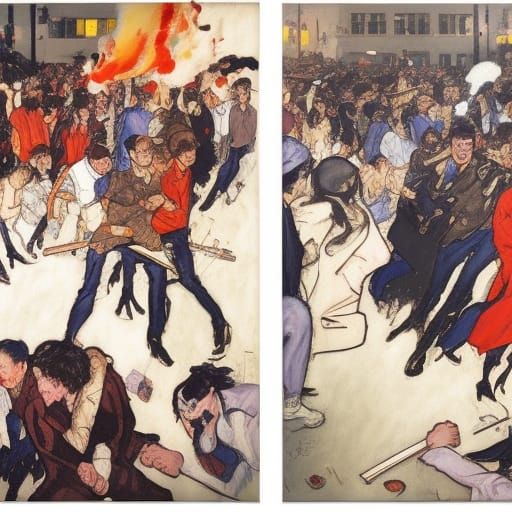 Futuristic Mob Scene in Contrasting Retro Style