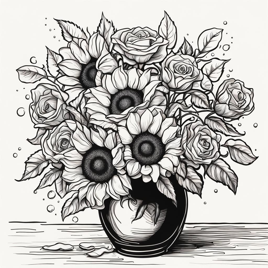 Hyperrealistic Ink Drawing of Roses and Sunflowers