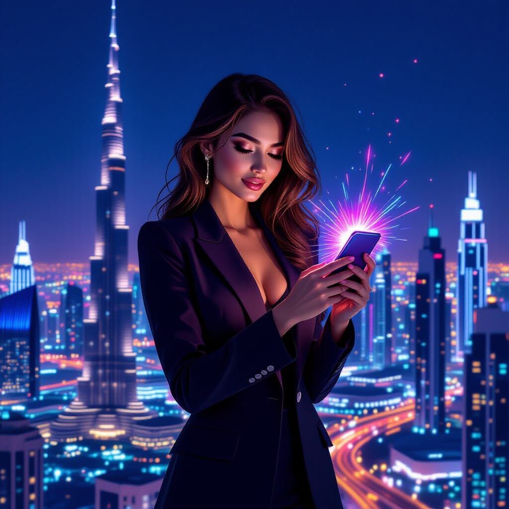 Woman on Burj Khalifa in Cyberpunk Comic Style