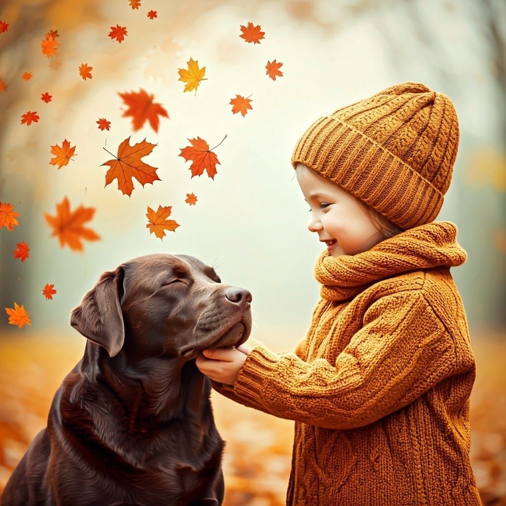 Child and Dog in Autumn Watercolor Dreamscape