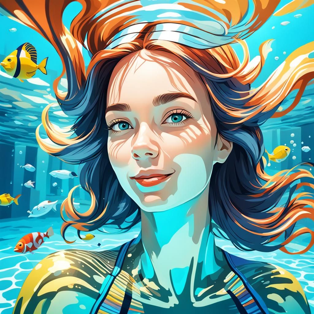 Cartoon Woman Swimming in Underwater Paradise