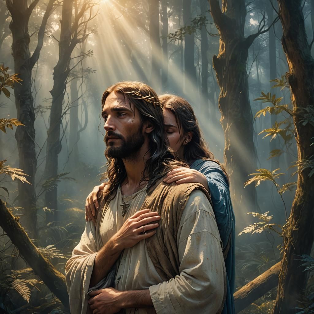 Jesus Comforts Girl in Mystical Forest Art