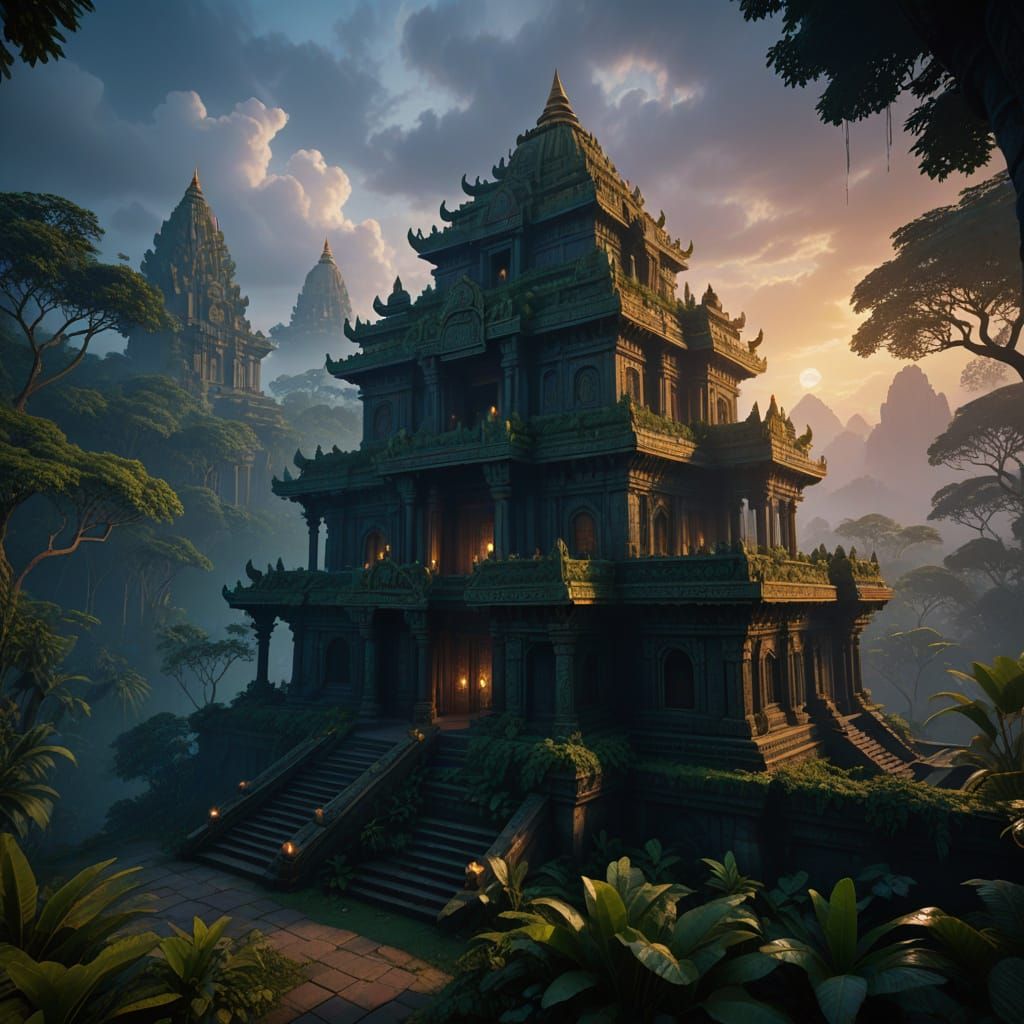 Temple Amidst Jungle Mist in Vibrant Colors