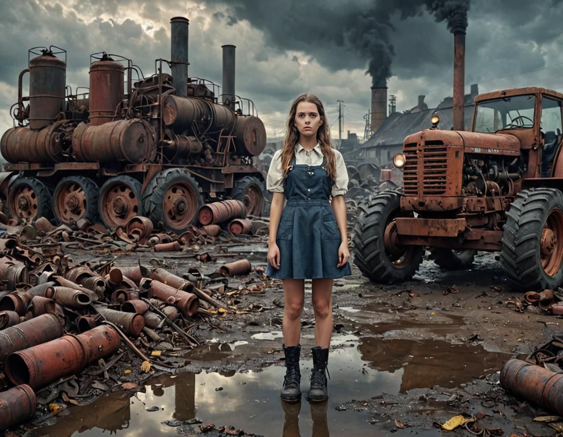 Dieselpunk Girl at Industrial Factory in Grimdark Style