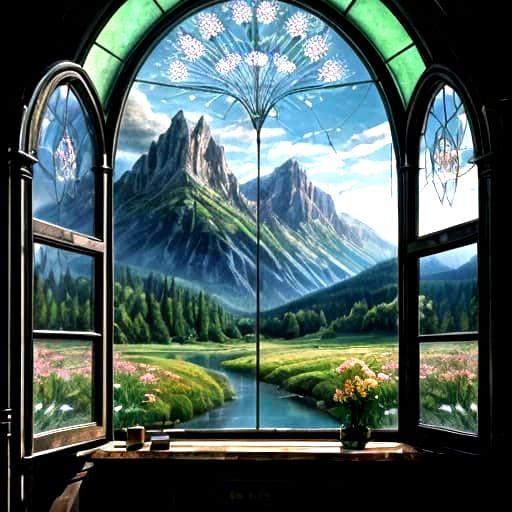 Stained Glass Masterpiece: Dandelions in a Darkened Landscap...