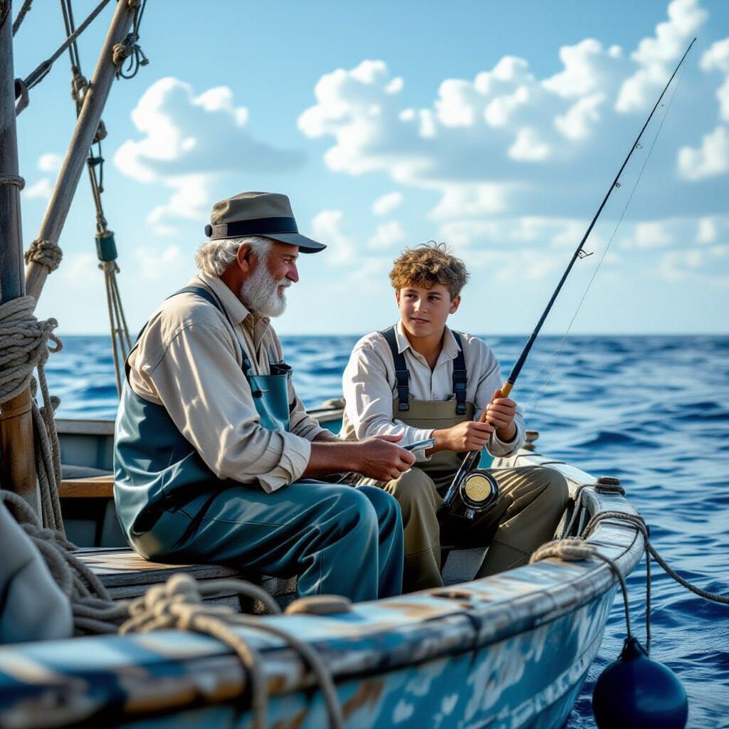 Generational Fishing Wisdom on Ocean Boat in Vintage Style