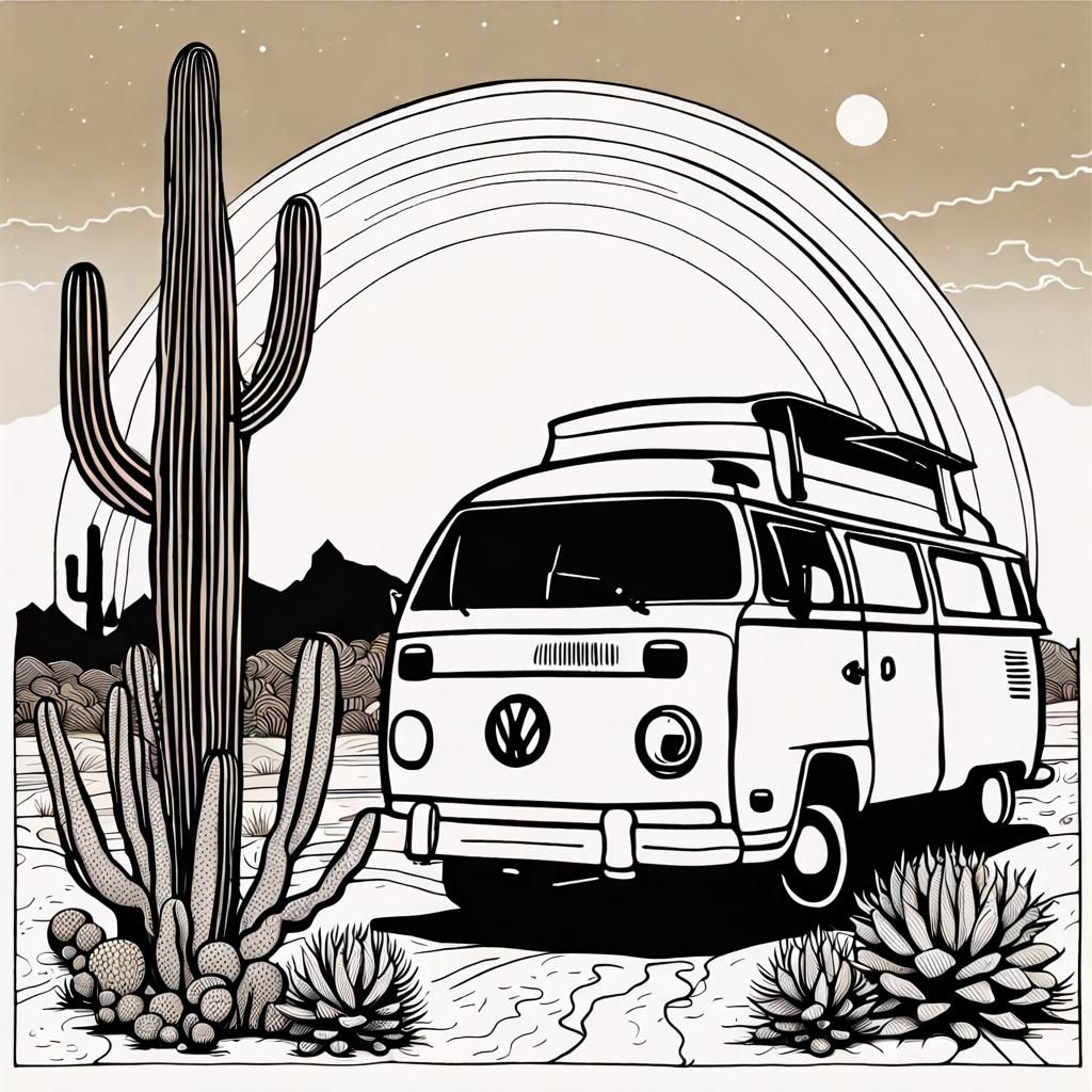 Hippie camper van in Wild Wild West : line art style
