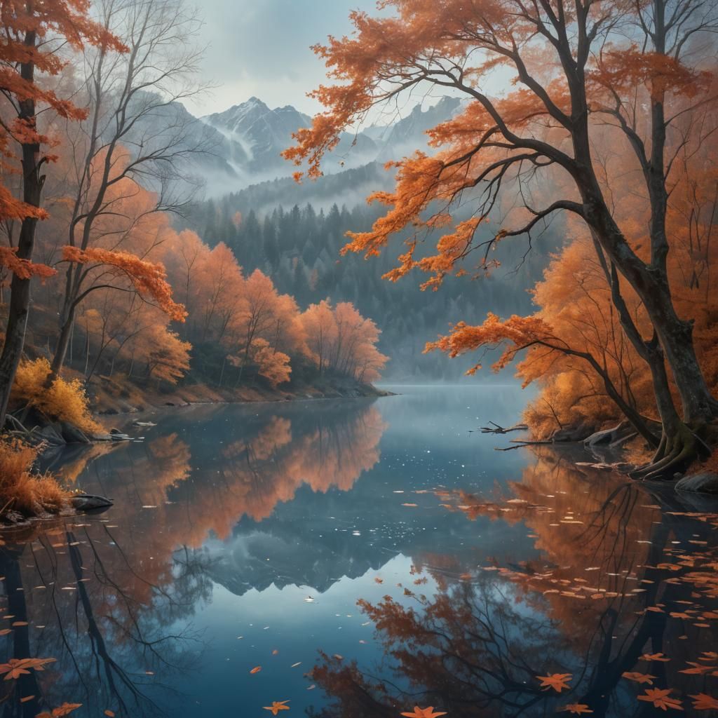 Autumn Lake in Magic Realism Style