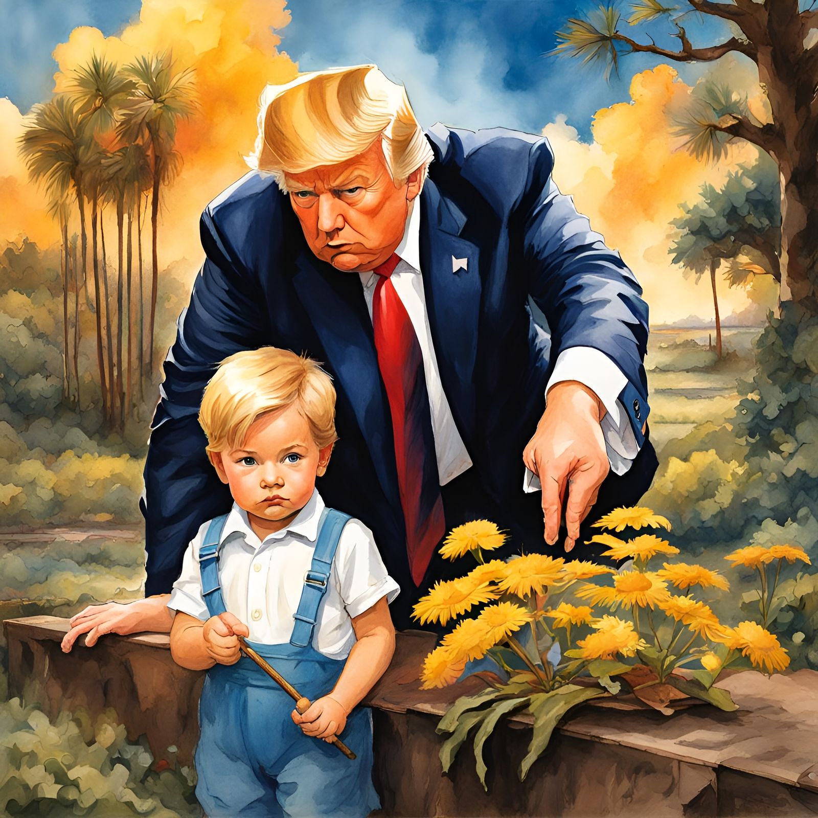 Young Donald Trump in Comic Art Storybook Illustration