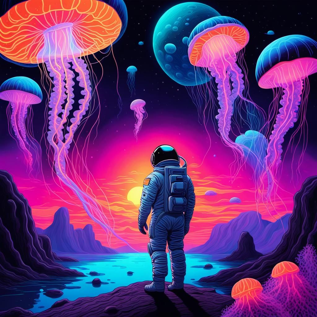Astronaut and Glowing Jellyfish in Black Light Art