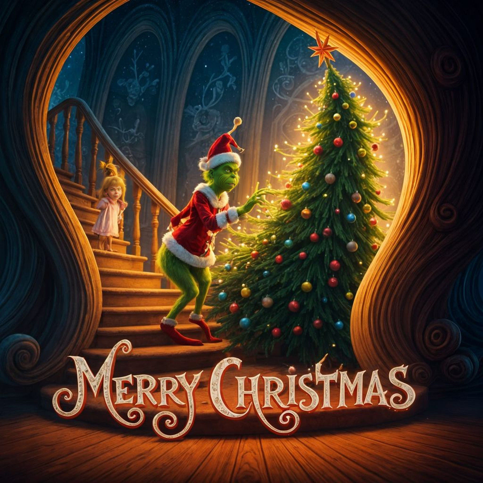 Whimsical Dr. Seuss-Style Christmas Scene: Grinch Steals Tre...