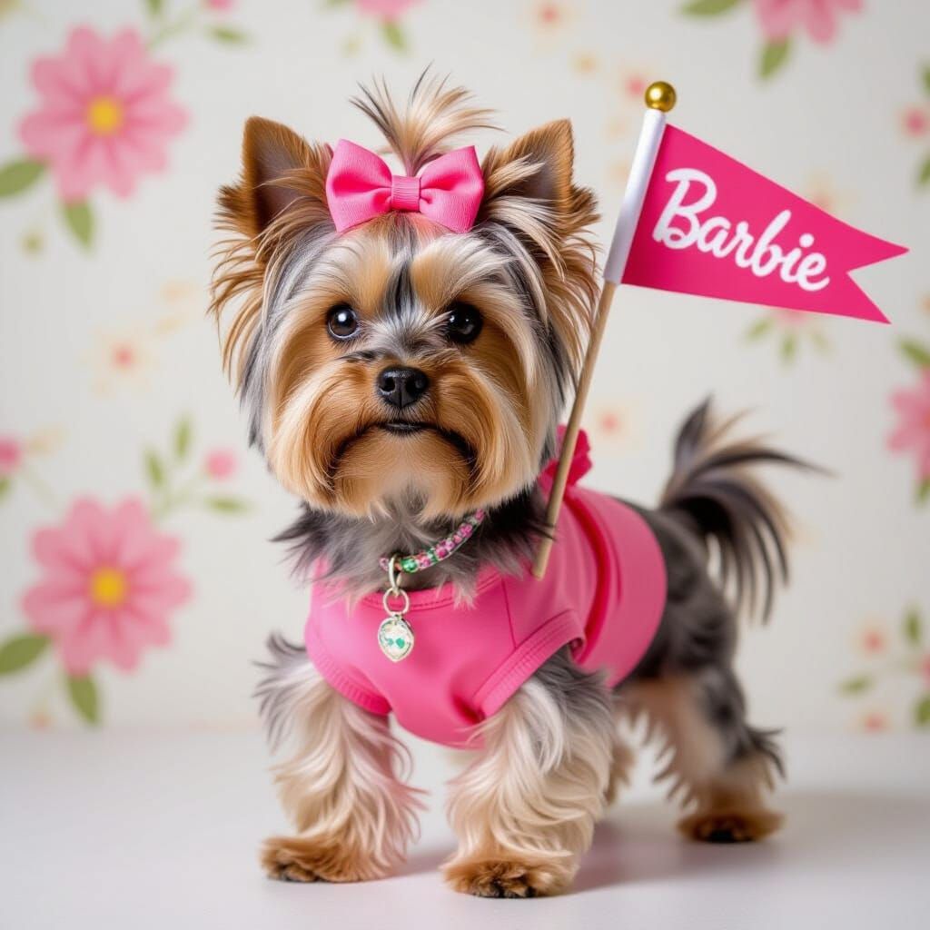 Cute Yorkshire Terrier in Pink with Barbie Pennant and Flowe...