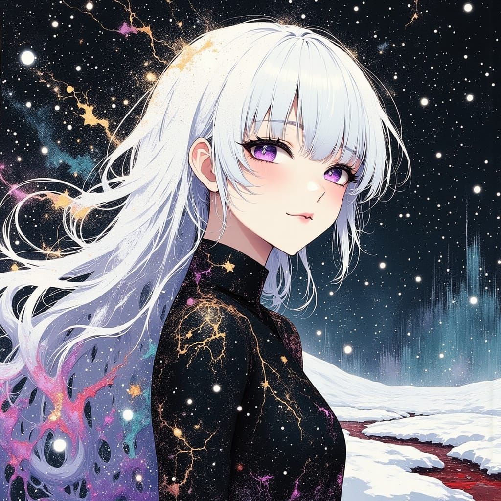 80s Anime Woman Fractured in Zentangle Blizzard