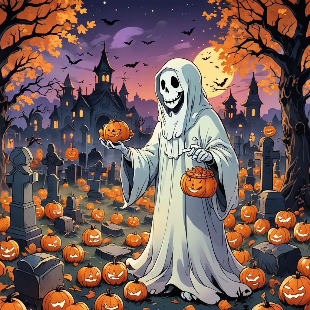 Ghostly Graveyard Comic Book Scene with Halloween Snacks