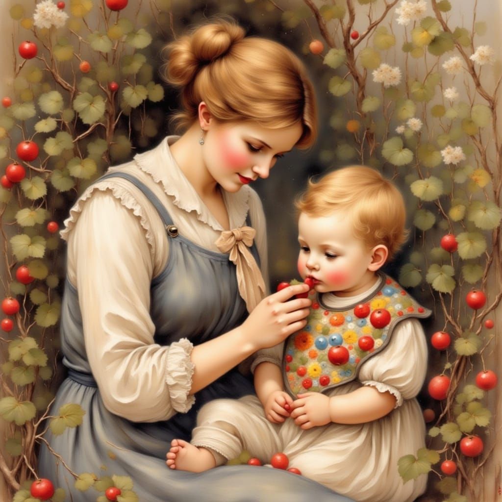 Mother and Child in Whimsical Illustration Style