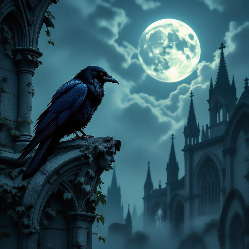 Gothic Raven on Gargoyle, Moonlit Cathedral Ruins