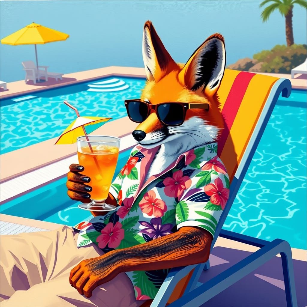 Cool Fox Lounging by the Pool in Hockney Style