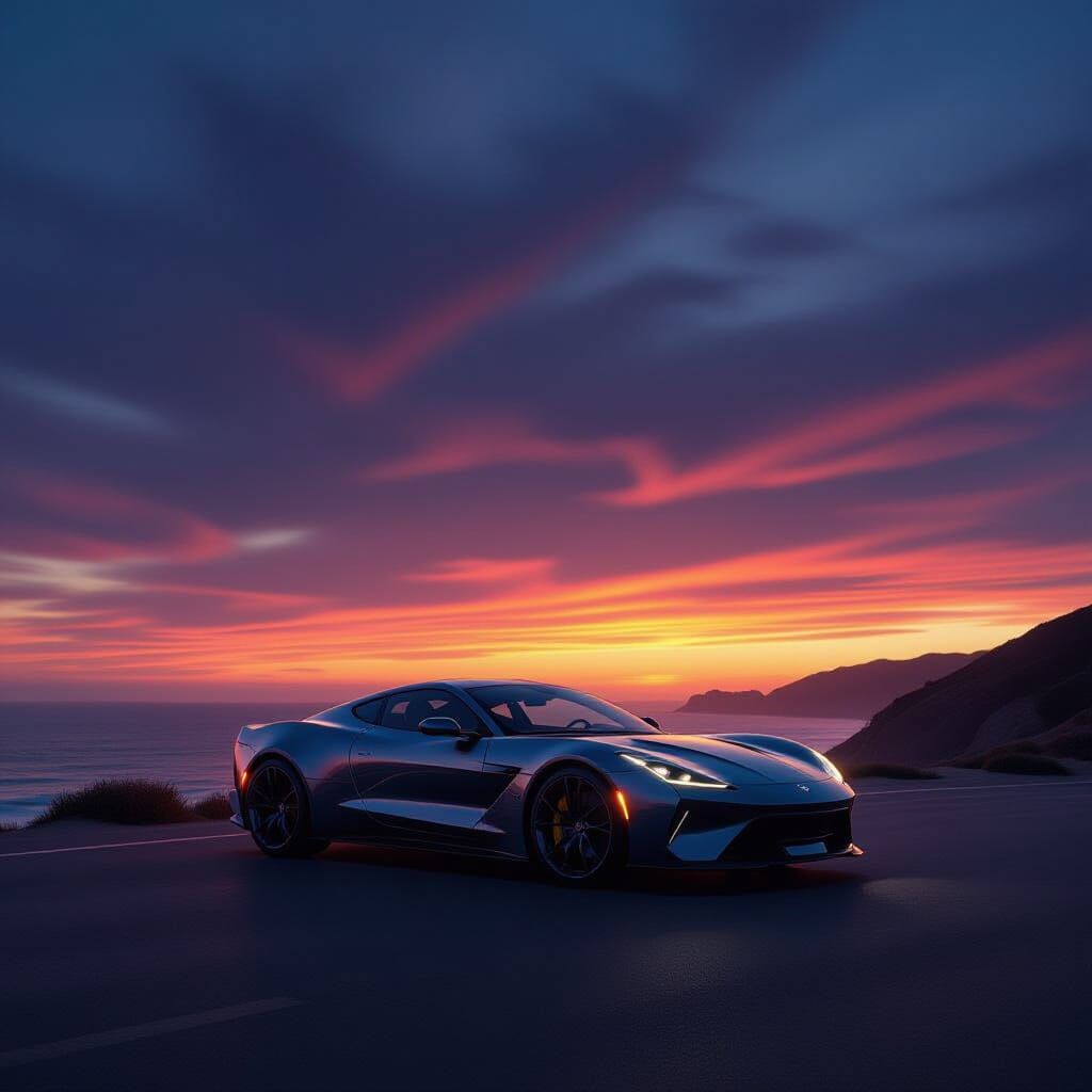 Modern Sports Car on Coastal Highway at Dusk
