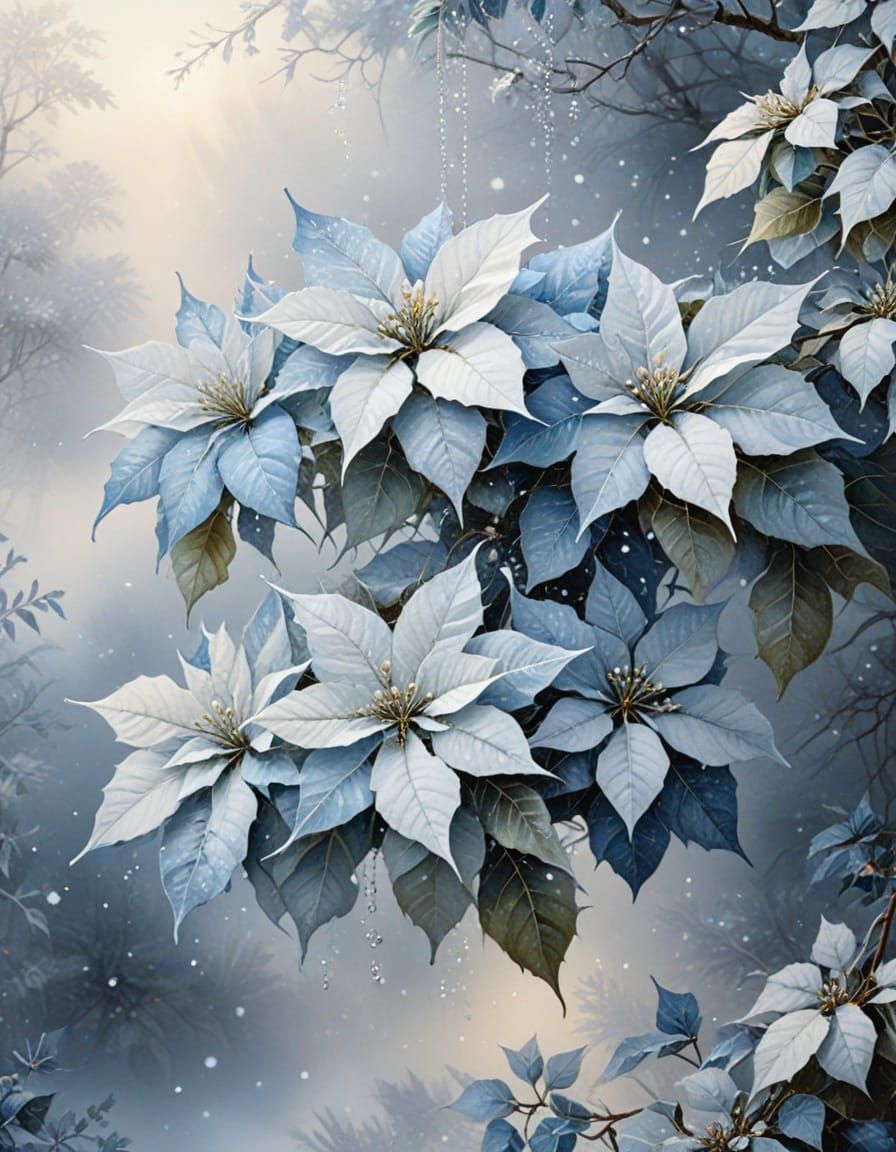 Pale Blue Poinsettias with Snow in Watercolor and Ink