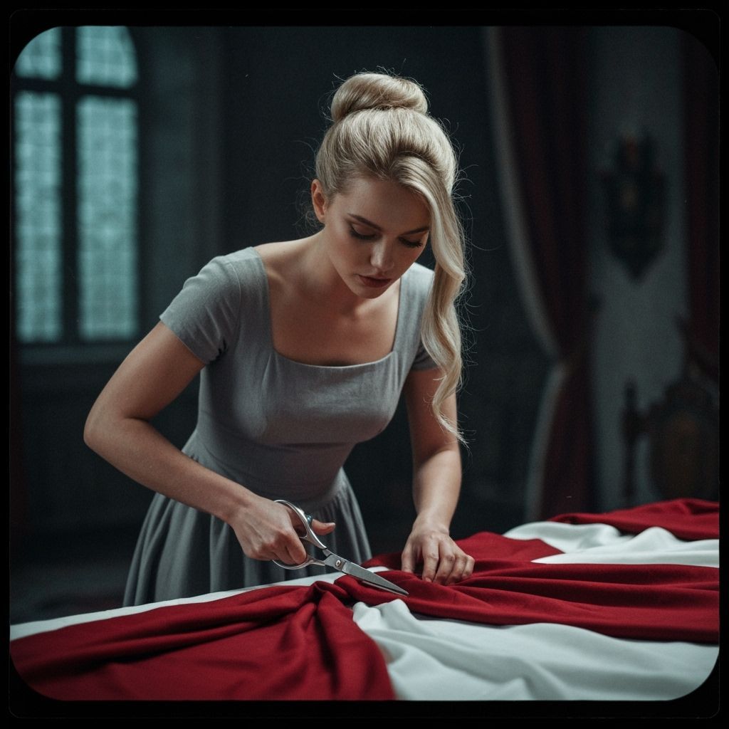 Blond Woman Cuts Fabric in Fantasy Castle Room