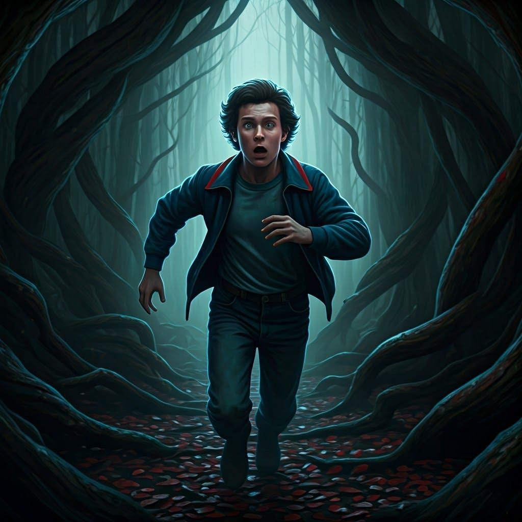 Frightened Man Runs from Dark, Foreboding Forces in Hyperrea...