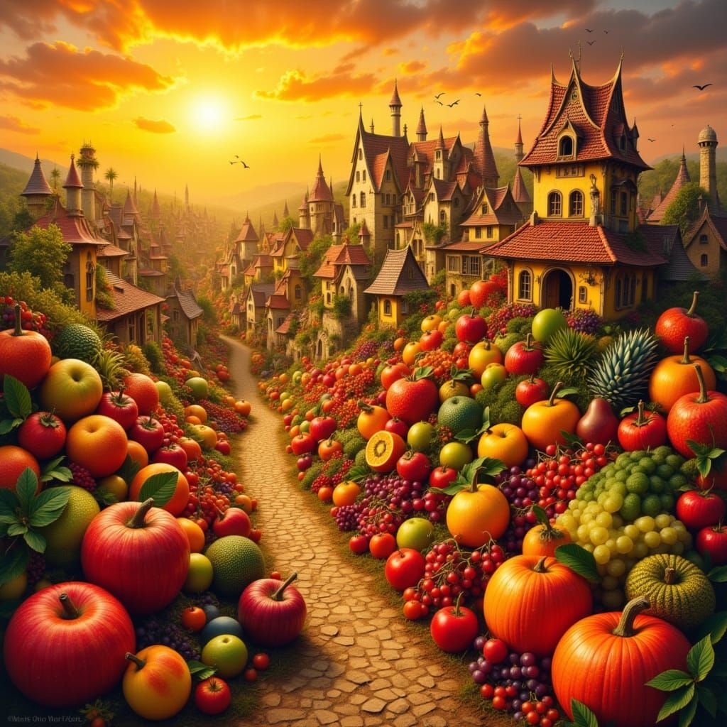 Fruitopia City at Golden Hour in Folk Art Style
