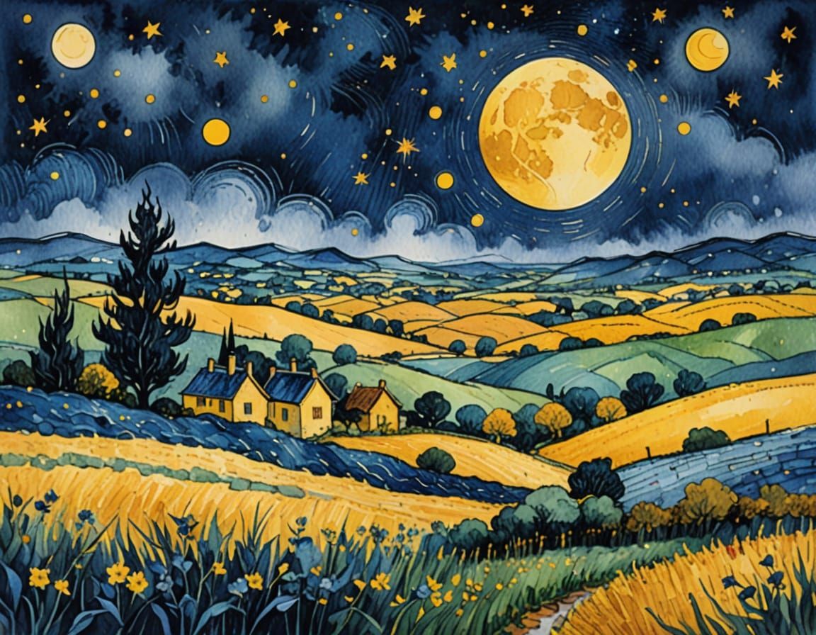 Rainy Countryside Under Yellow Moon: Post-Impressionist Wate...