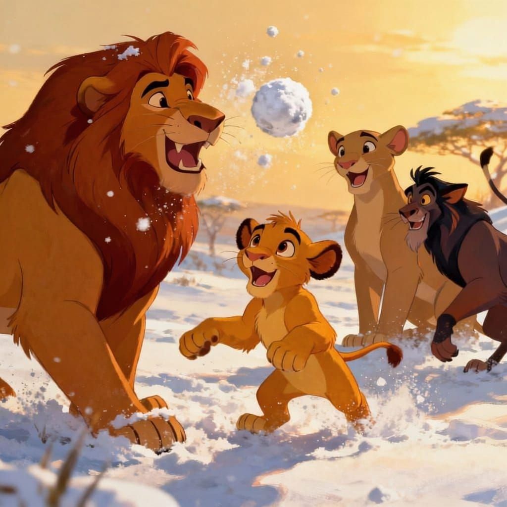 Mufasa and Simba Enjoy Snow While Scar Throws Snowball