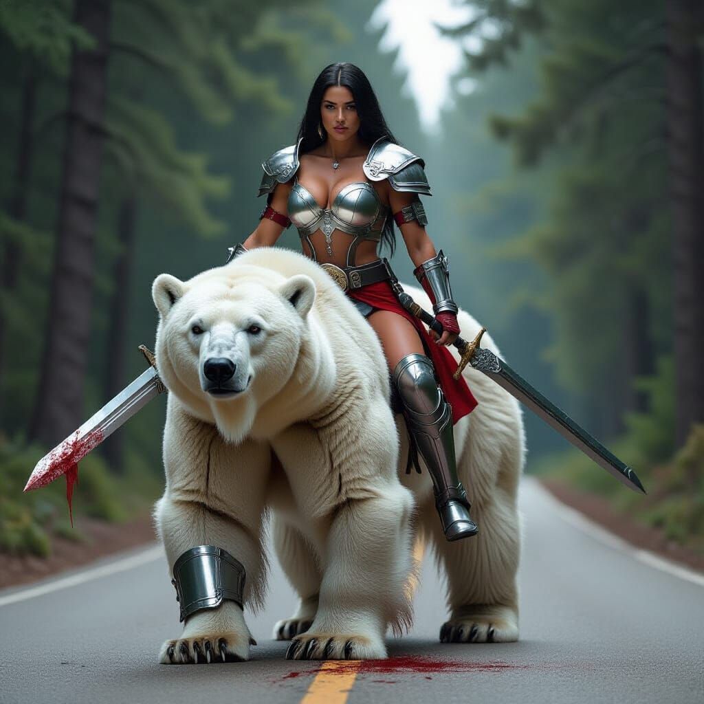 Warrior Woman Rides Bloody Polar Bear Through Forest Road