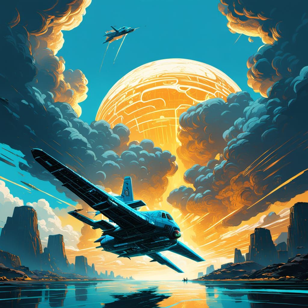Nuclear Bomber Soaring Through Clouds in Digital Art