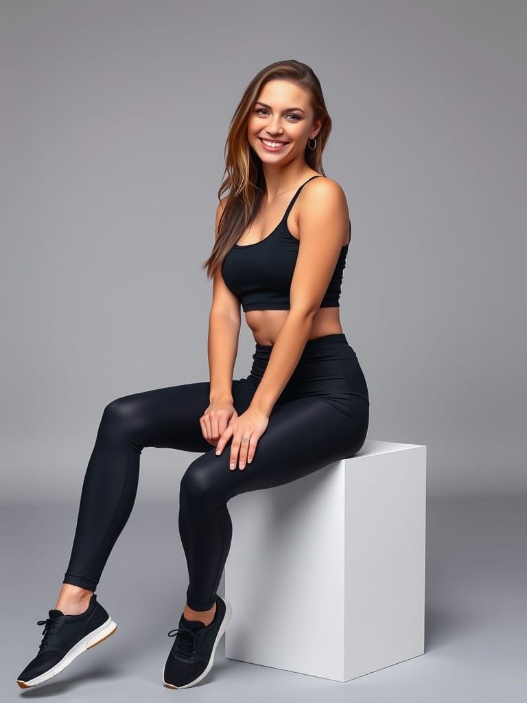 Slavic Woman Relaxing on White Cube in Studio