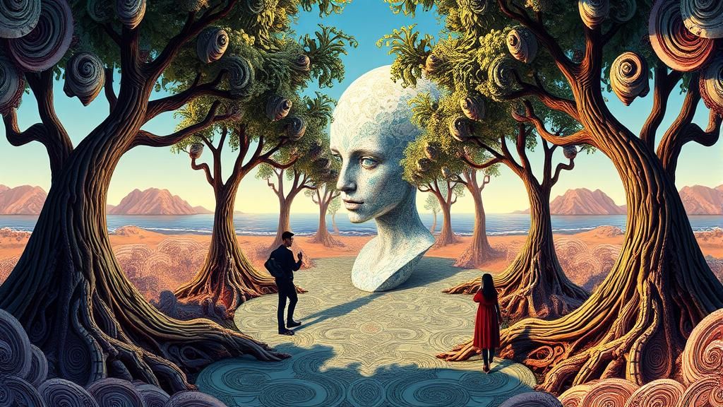 Surreal Fantasy Scene with Escher-esque Symmetrical Texture