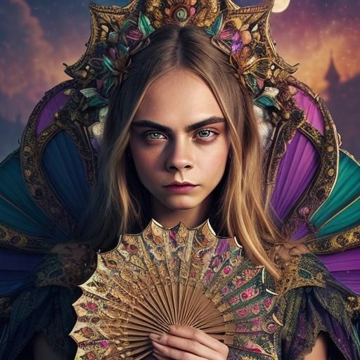 Ethereal Dragons Surround Woman with Gold Fan