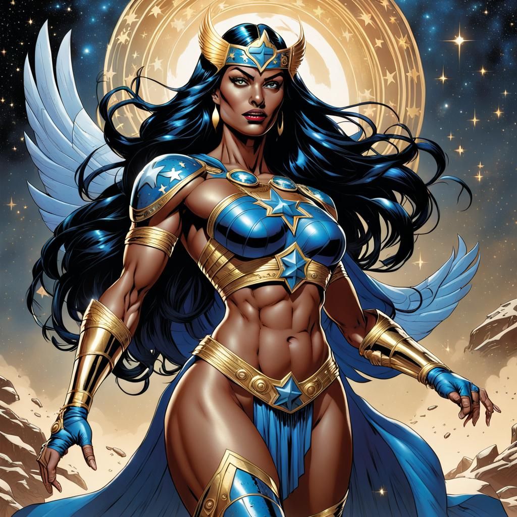 Muscular Woman with Bird Armor in Comic Book Art