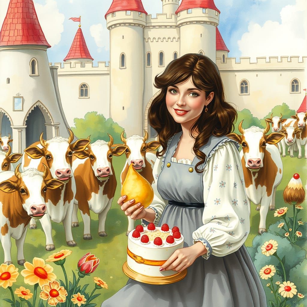 Whimsical Castle Garden Scene with Cows and Cake